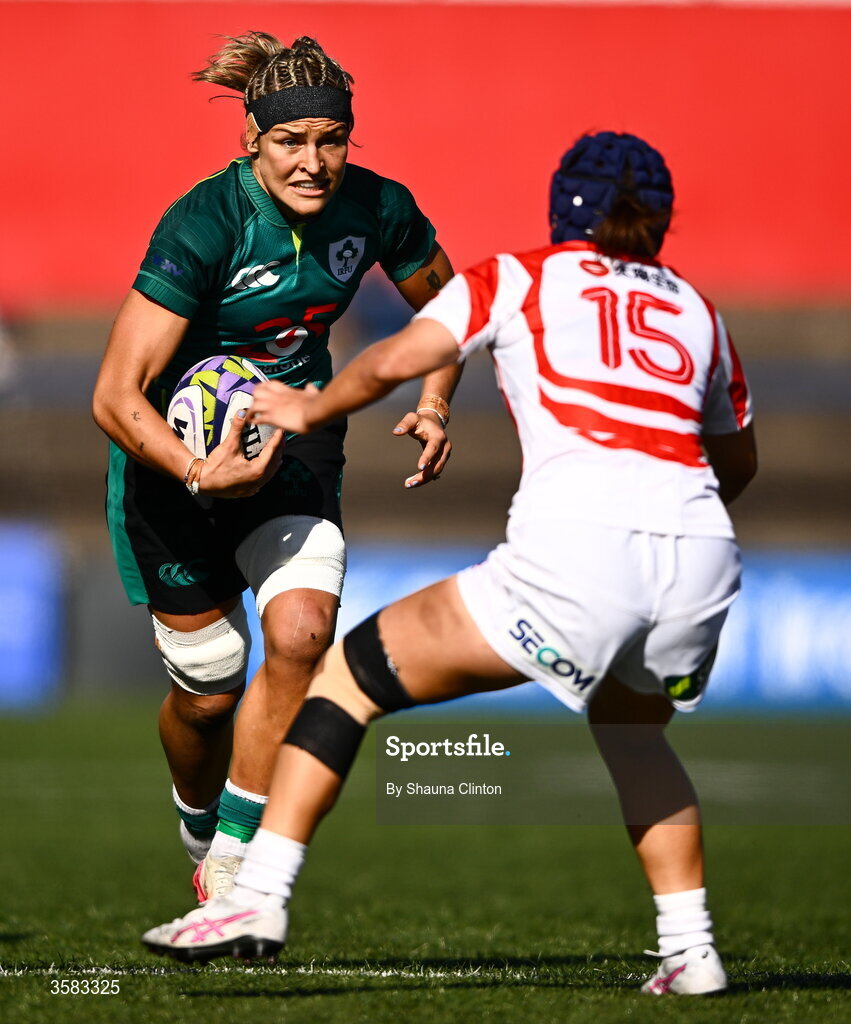 3 October 2026; Erin King of Ireland is tackled by Maiko Nishi of Japan  during the International Women's Rugby fixture between Ireland and Japan at Virgin Media Park in Cork. Photo by Shauna Clinton/Sportsfile
