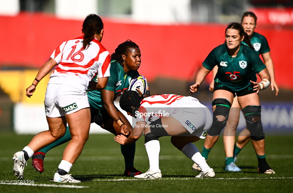 3 October 2026; Linda Djougang of Ireland in action against Nijiho Nagata of Japan during the International Women's Rugby fixture between Ireland and Japan at Virgin Media Park in Cork. Photo by Shauna Clinton/Sportsfile