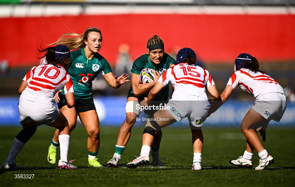 3 October 2026; Erin King of Ireland is tackled by Maiko Nishi of Japan  during the International Women's Rugby fixture between Ireland and Japan at Virgin Media Park in Cork. Photo by Shauna Clinton/Sportsfile