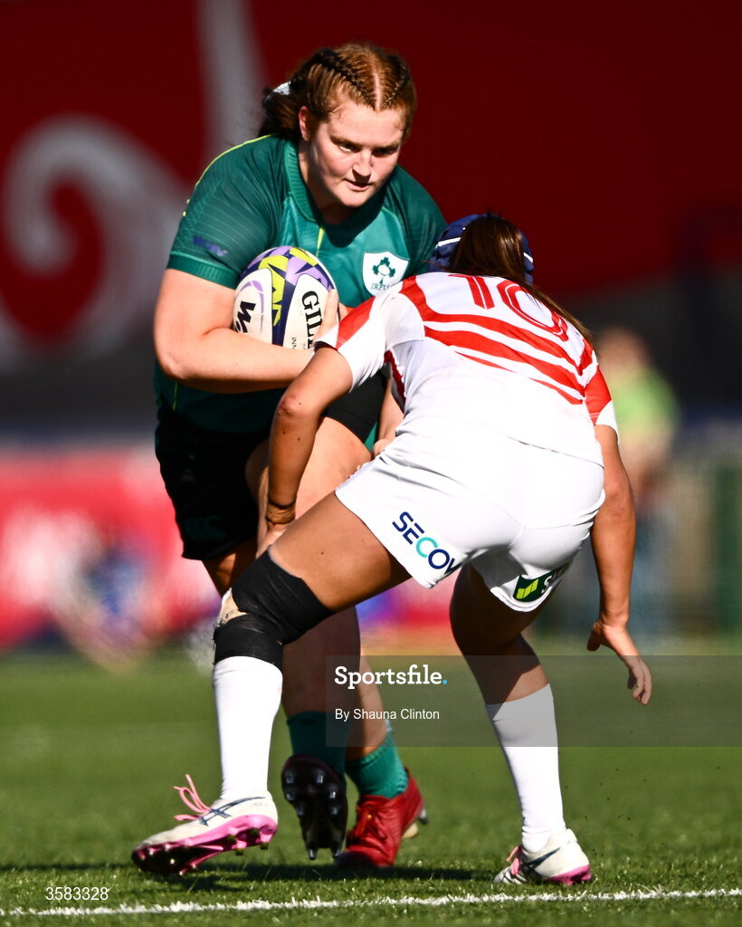 3 October 2026; Sophie Barrett of Ireland in action against Sawa Harada of Japan during the International Women's Rugby fixture between Ireland and Japan at Virgin Media Park in Cork. Photo by Shauna Clinton/Sportsfile