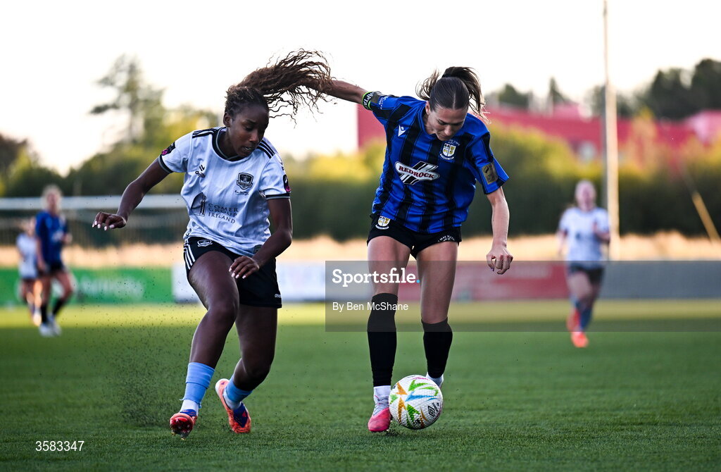3 October 2026; Madie Gibson of Athlone Town in action against Eve Dossen of Galway United during the SSE Airtricity Women's Premier Division match between Athlone Town and Galway United at Athlone Town Stadium in Lissywollen, Athlone, Westmeath. Photo by Ben McShane/Sportsfile