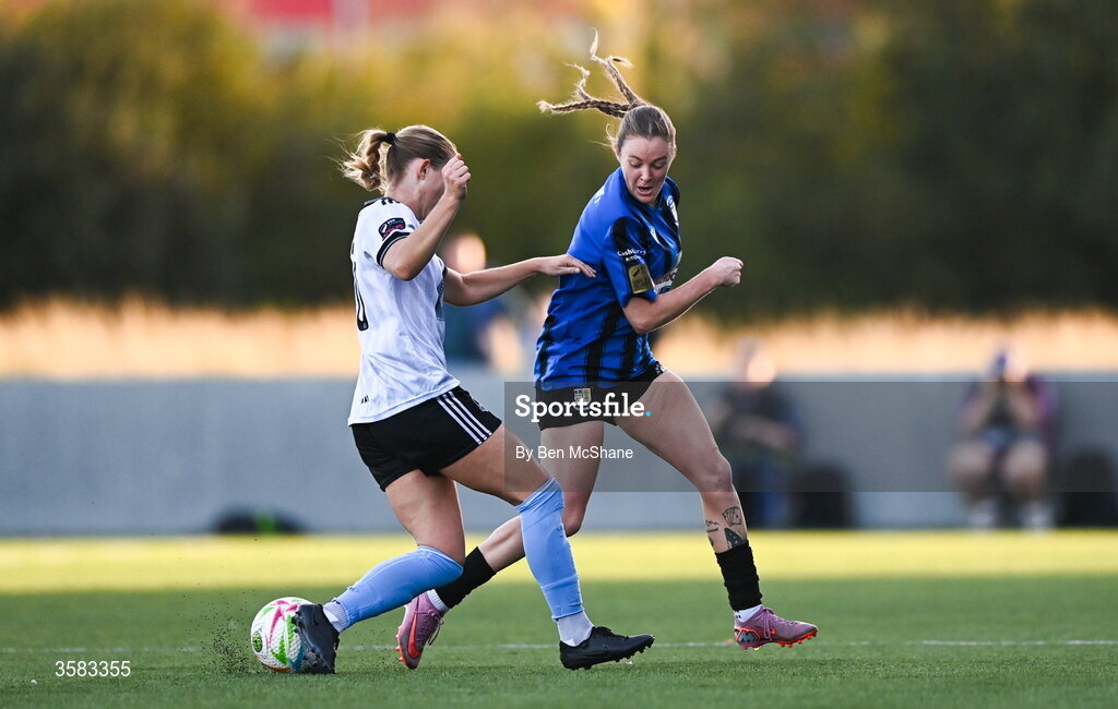 3 October 2026; Dana Scheriff of Athlone Town in action against Jade Rehberger of Galway United during the SSE Airtricity Women's Premier Division match between Athlone Town and Galway United at Athlone Town Stadium in Lissywollen, Athlone, Westmeath. Photo by Ben McShane/Sportsfile