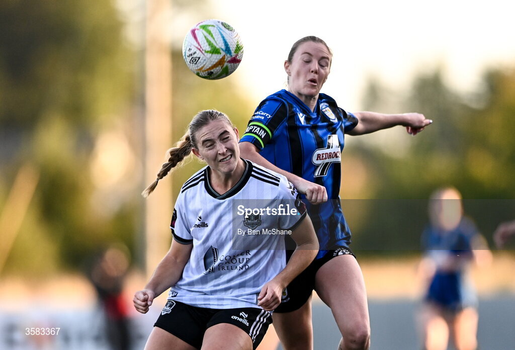 3 October 2026; Jade Rehberger of Galway United in action against Dana Scheriff of Athlone Town during the SSE Airtricity Women's Premier Division match between Athlone Town and Galway United at Athlone Town Stadium in Lissywollen, Athlone, Westmeath. Photo by Ben McShane/Sportsfile