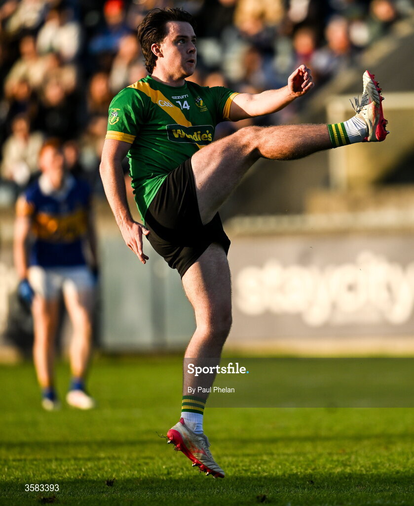 3 October 2026; Fionn Murray of Thomas Davis scores a free during the Dublin County Senior Club Football Championship semi-final match between Thomas Davis and Castleknock at Parnell Park in Dublin. Photo by Paul Phelan/Sportsfile
