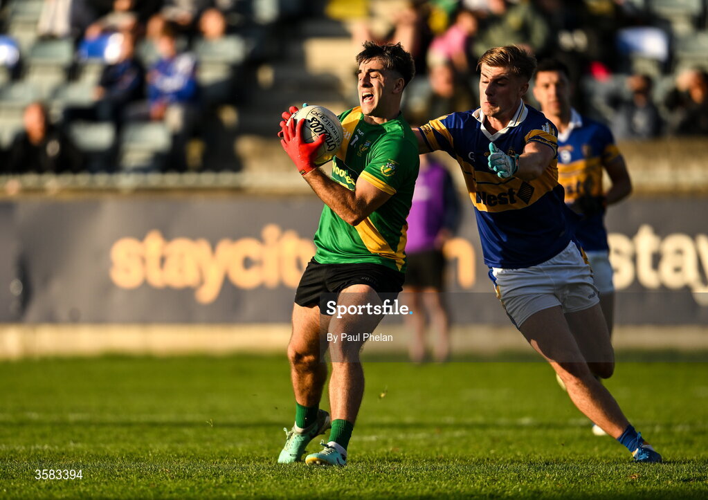 3 October 2026; Chris Sallier of Thomas Davis in action against Dylan Clarke of Castleknock during the Dublin County Senior Club Football Championship semi-final match between Thomas Davis and Castleknock at Parnell Park in Dublin. Photo by Paul Phelan/Sportsfile