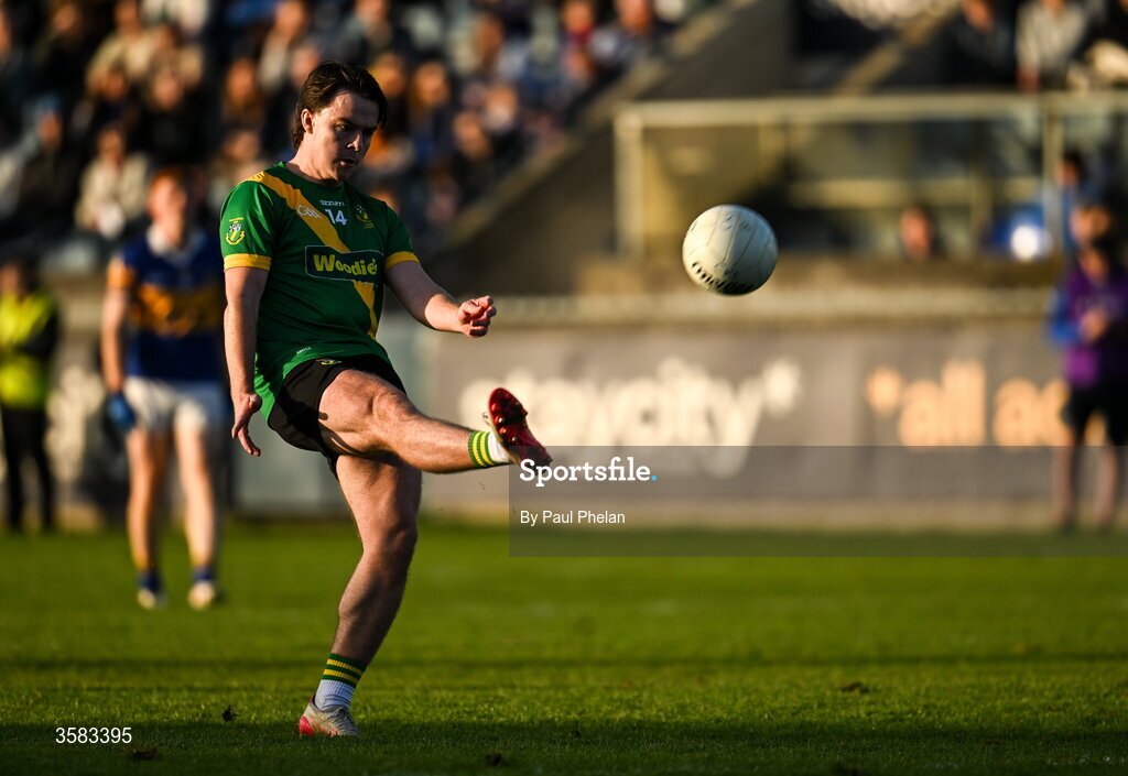 3 October 2026; Fionn Murray of Thomas Davis scores a free during the Dublin County Senior Club Football Championship semi-final match between Thomas Davis and Castleknock at Parnell Park in Dublin. Photo by Paul Phelan/Sportsfile