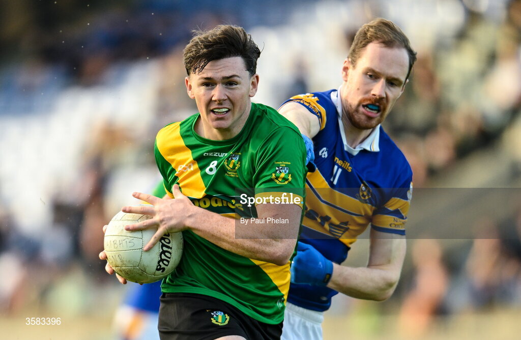 3 October 2026; Adam Waddick of Thomas Davis in action against Senan Forker of Castleknock during the Dublin County Senior Club Football Championship semi-final match between Thomas Davis and Castleknock at Parnell Park in Dublin. Photo by Paul Phelan/Sportsfile
