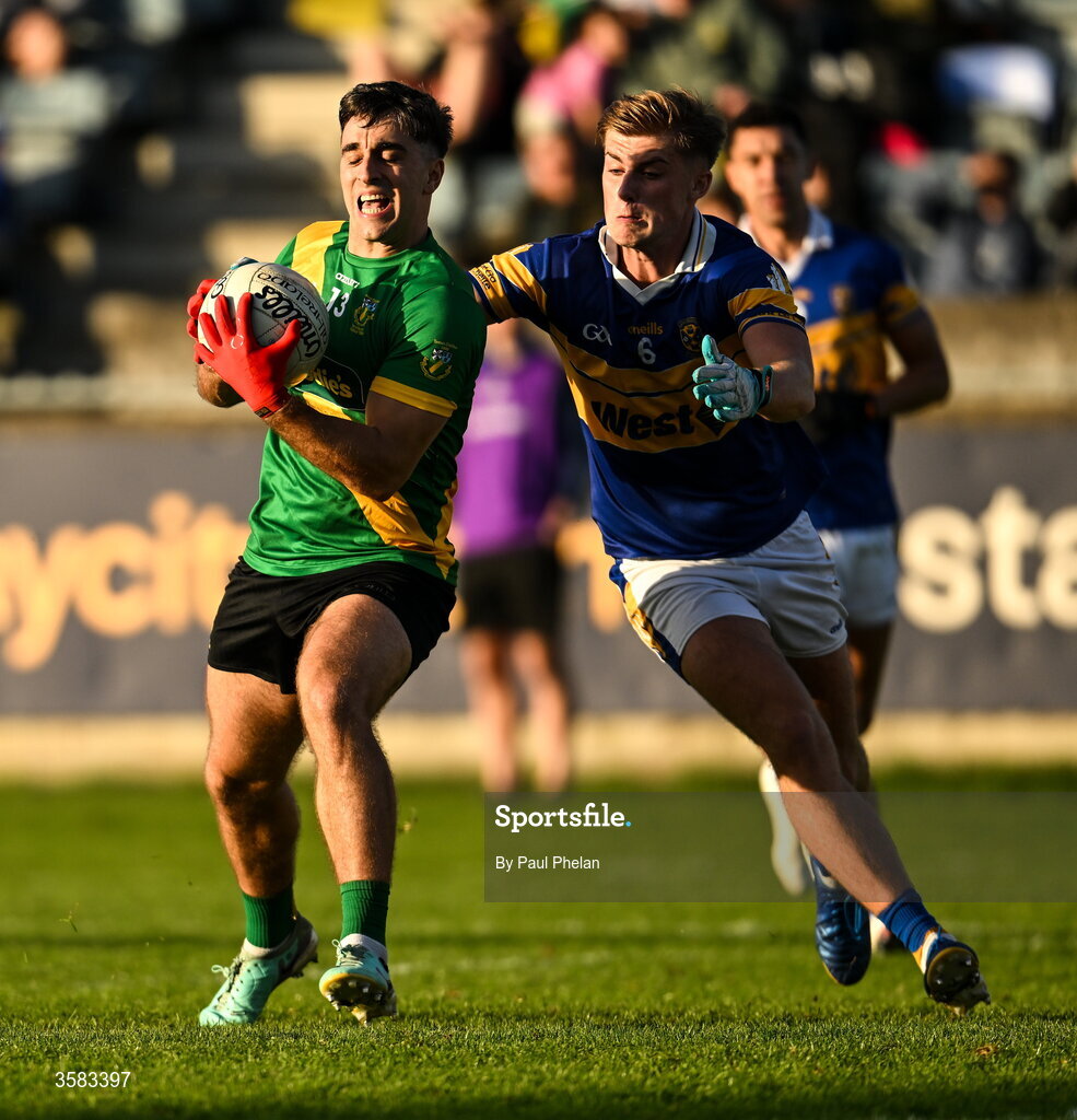 3 October 2026; Chris Sallier of Thomas Davis in action against Dylan Clarke of Castleknock during the Dublin County Senior Club Football Championship semi-final match between Thomas Davis and Castleknock at Parnell Park in Dublin. Photo by Paul Phelan/Sportsfile