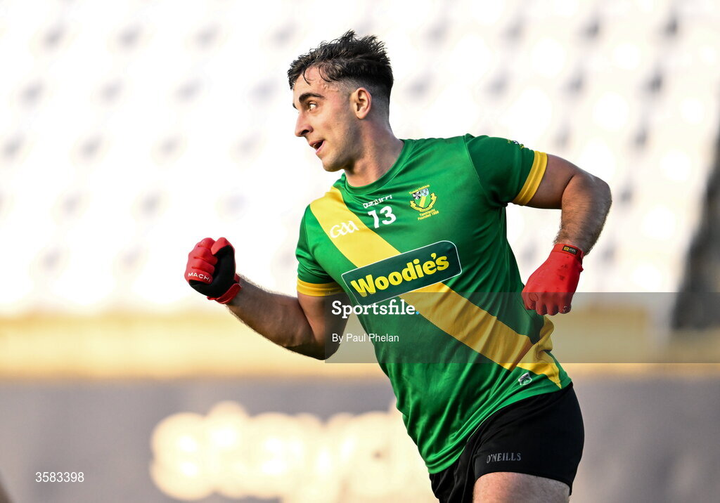 3 October 2026; Chris Sallier of Thomas Davis celebrates after scoring his side's first goal during the Dublin County Senior Club Football Championship semi-final match between Thomas Davis and Castleknock at Parnell Park in Dublin. Photo by Paul Phelan/Sportsfile