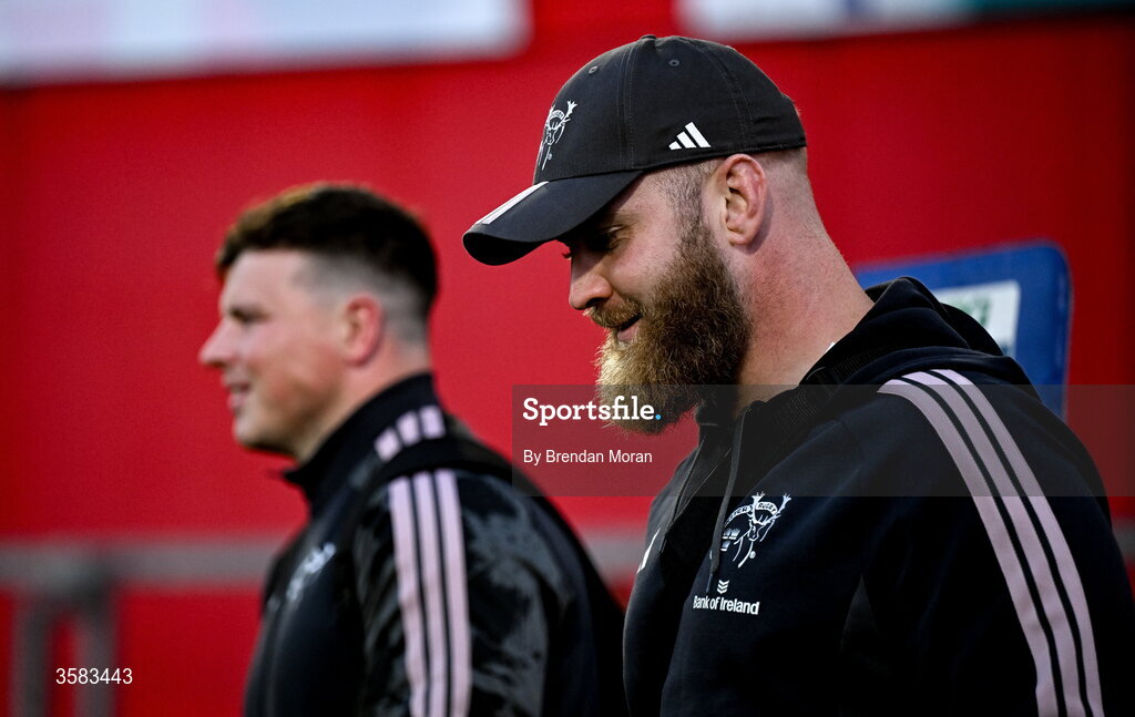 3 October 2026; Josh Wycherley, left, and Jeremy Loughman of Munster arrive before the United Rugby Championship match between Munster and Vodacom Bulls at Thomond Park in Limerick. Photo by Brendan Moran/Sportsfile