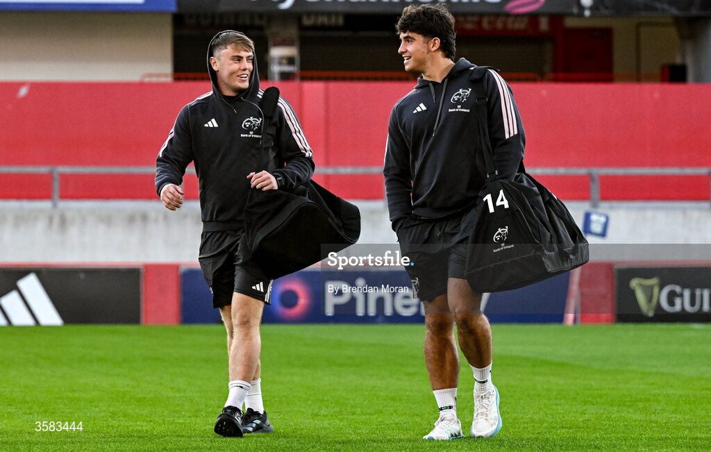 3 October 2026; Charlie O’Shea, left, and Ben O'Donovan of Munster arrive before the United Rugby Championship match between Munster and Vodacom Bulls at Thomond Park in Limerick. Photo by Brendan Moran/Sportsfile