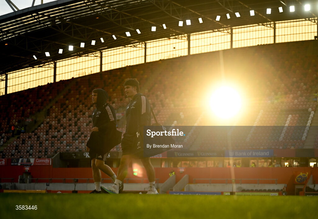 3 October 2026; Charlie O’Shea, left, and Ben O'Donovan of Munster arrive before the United Rugby Championship match between Munster and Vodacom Bulls at Thomond Park in Limerick. Photo by Brendan Moran/Sportsfile