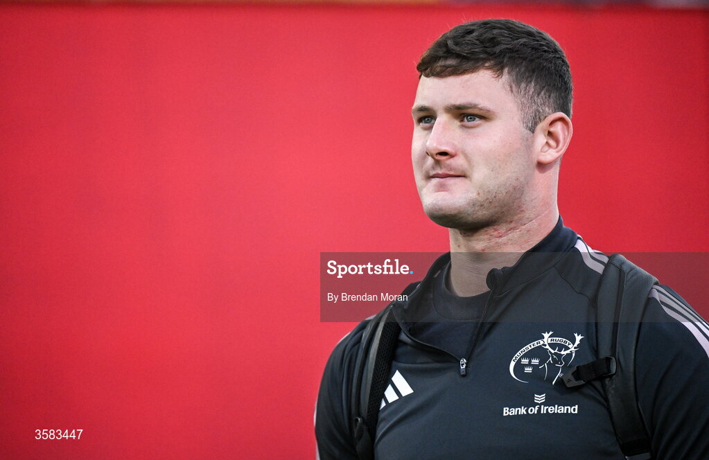 3 October 2026; Evan O’Connell of Munster arrives before the United Rugby Championship match between Munster and Vodacom Bulls at Thomond Park in Limerick. Photo by Brendan Moran/Sportsfile