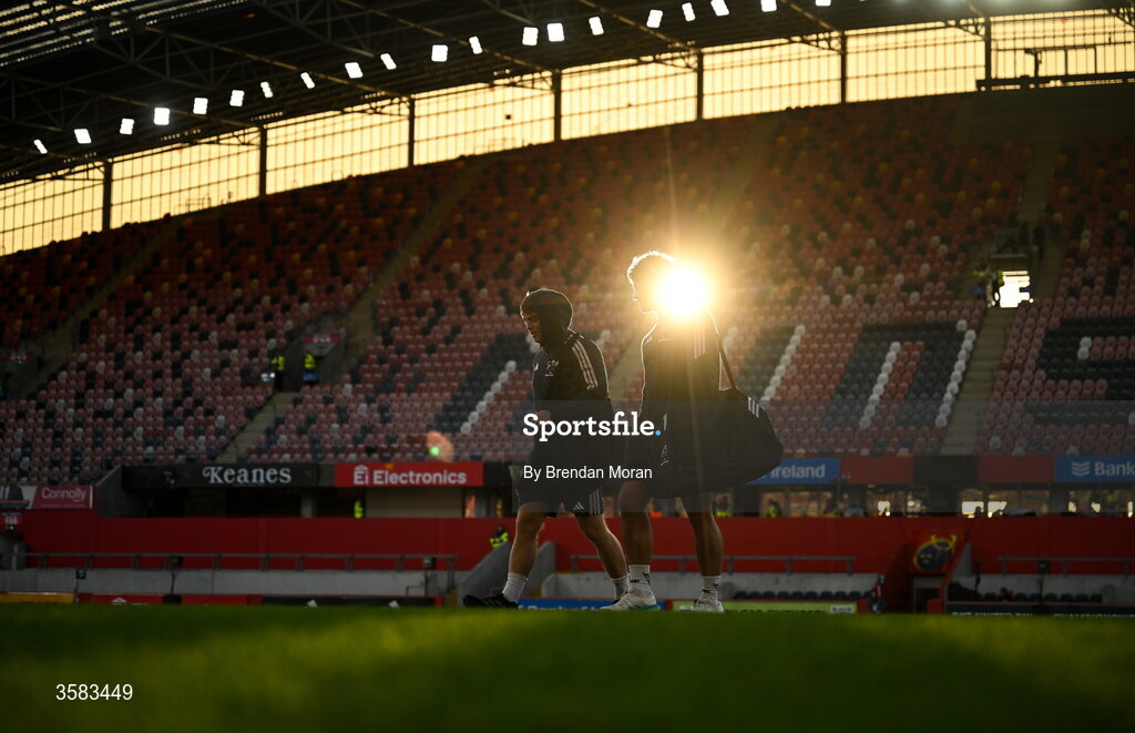 3 October 2026; Charlie O’Shea, left, and Ben O'Donovan of Munster arrive before the United Rugby Championship match between Munster and Vodacom Bulls at Thomond Park in Limerick. Photo by Brendan Moran/Sportsfile