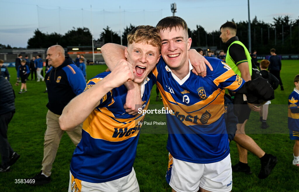 3 October 2026; Lenny Cahill and Cian Boyle of Castleknock celebrate after during the Dublin County Senior Club Football Championship semi-final match between Thomas Davis and Castleknock at Parnell Park in Dublin. Photo by Paul Phelan/Sportsfile