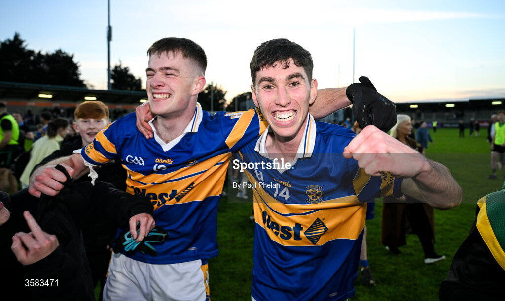 3 October 2026; Cian Boyle and Eoin Sawyer of Castleknock celebrate after during the Dublin County Senior Club Football Championship semi-final match between Thomas Davis and Castleknock at Parnell Park in Dublin. Photo by Paul Phelan/Sportsfile