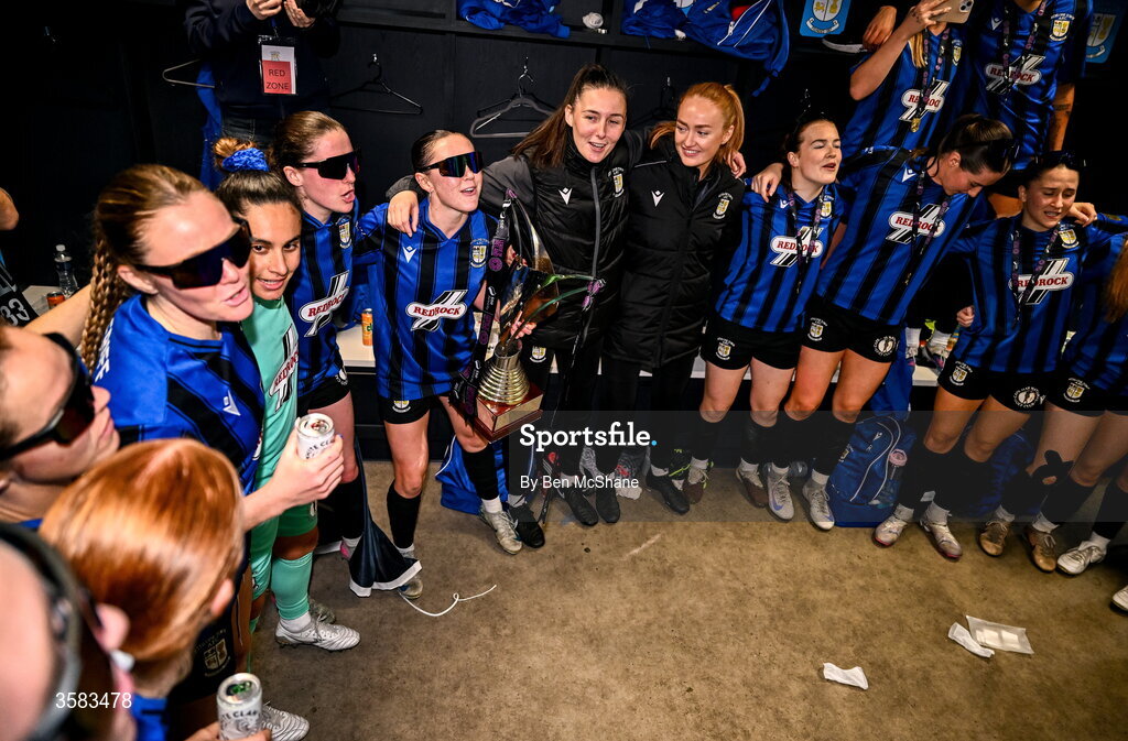 3 October 2026; Athlone Town captain Hannah Waesch celebrates in the dressing room with the SSE Airtricity Women's Premier Division title alongside her teammates after the SSE Airtricity Women's Premier Division match between Athlone Town and Galway United at Athlone Town Stadium in Lissywollen, Athlone, Westmeath. Photo by Ben McShane/Sportsfile