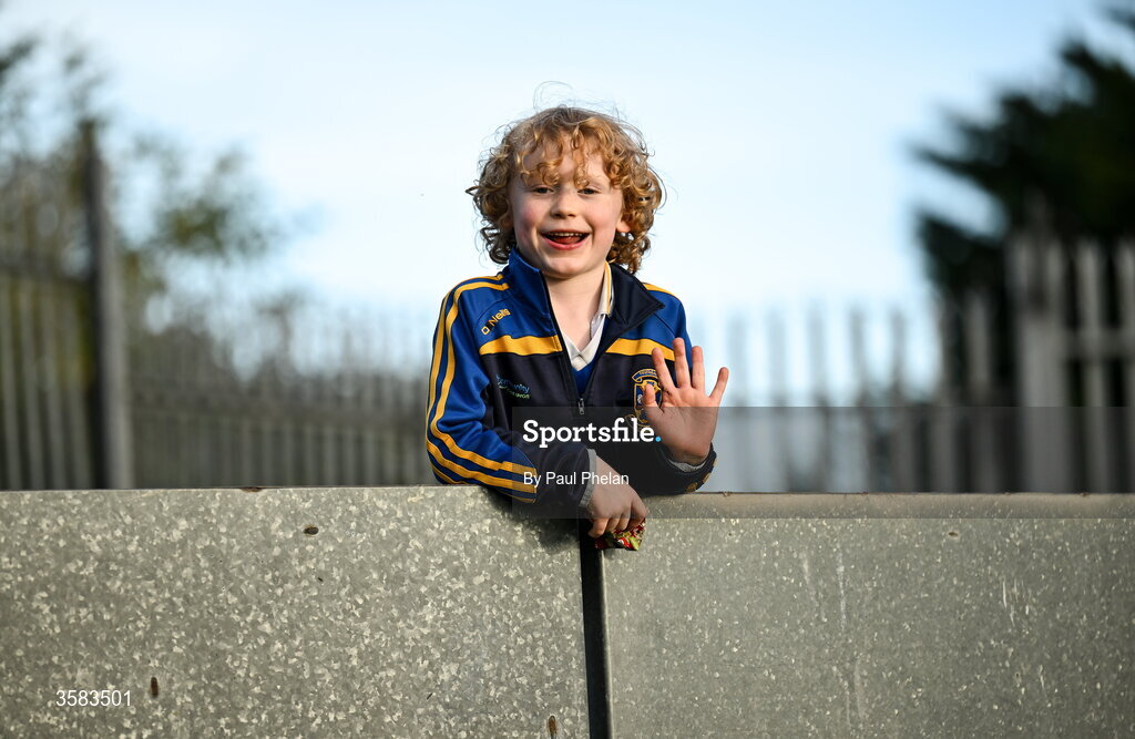 3 October 2026; Castleknock supporter Oisin Cuniffe, aged 6, before the Dublin County Senior Club Football Championship semi-final match between Thomas Davis and Castleknock at Parnell Park in Dublin. Photo by Paul Phelan/Sportsfile