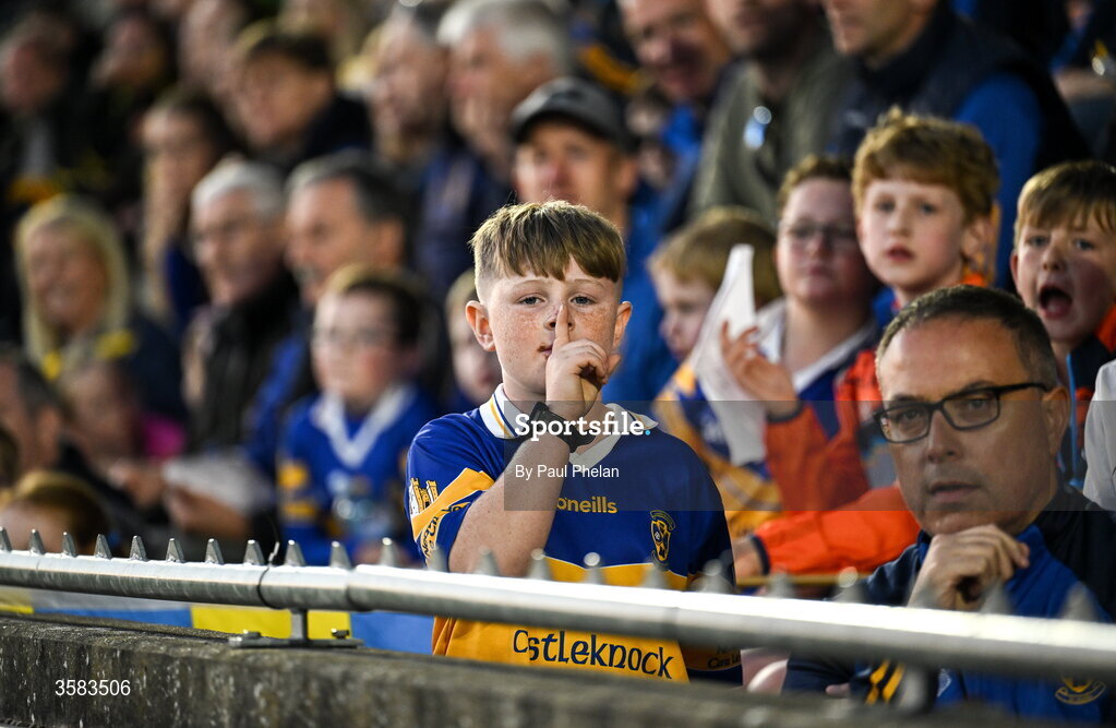 3 October 2026; A Castleknock supporter during the Dublin County Senior Club Football Championship semi-final match between Thomas Davis and Castleknock at Parnell Park in Dublin. Photo by Paul Phelan/Sportsfile