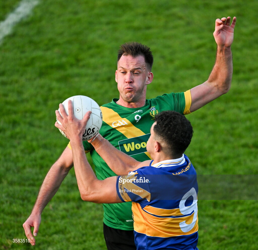 3 October 2026; Kevin Stephenson of Castleknock in action against Ryan Deegan of Thomas Davis during the Dublin County Senior Club Football Championship semi-final match between Thomas Davis and Castleknock at Parnell Park in Dublin. Photo by Paul Phelan/Sportsfile