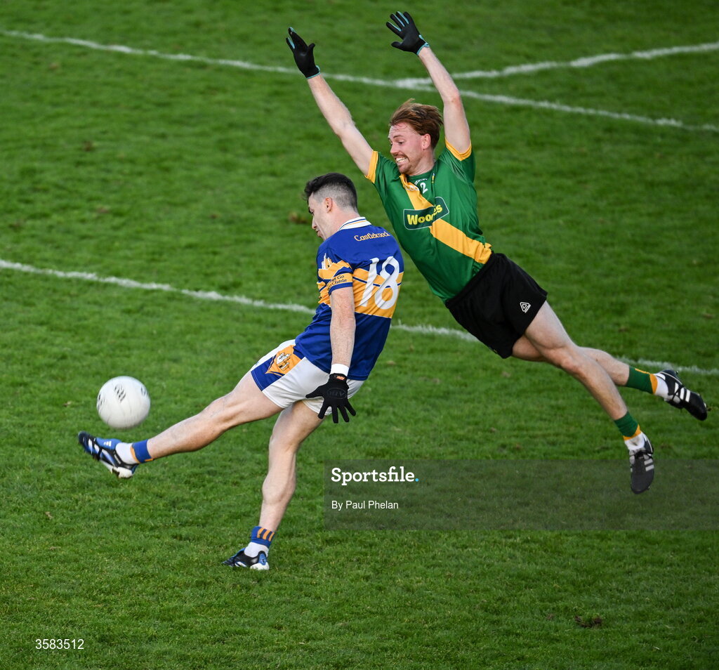 3 October 2026; Ger McDermottroe of Castleknock in action against Seán Kennedy of Thomas Davis during the Dublin County Senior Club Football Championship semi-final match between Thomas Davis and Castleknock at Parnell Park in Dublin. Photo by Paul Phelan/Sportsfile