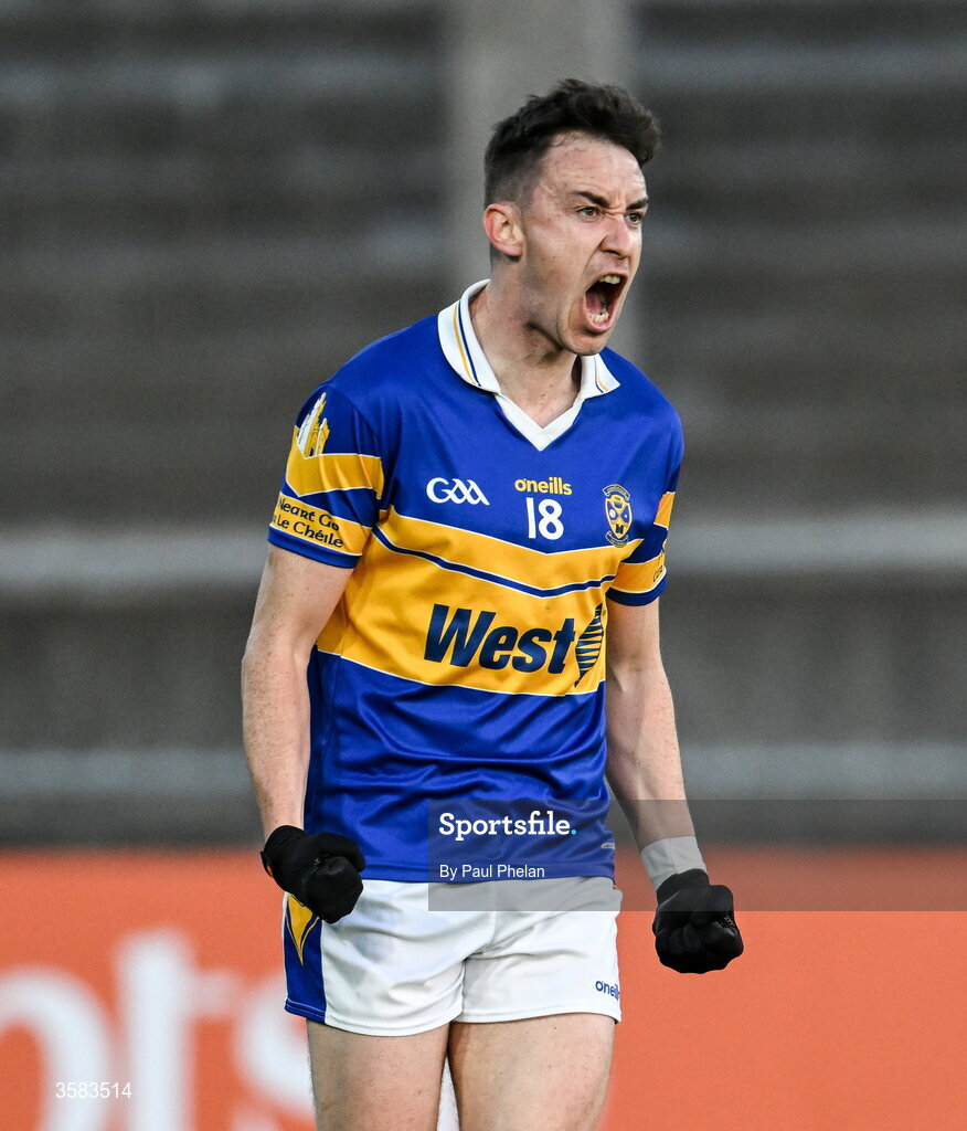 3 October 2026; Ger McDermottroe of Castleknock celebrates scoring a point during the Dublin County Senior Club Football Championship semi-final match between Thomas Davis and Castleknock at Parnell Park in Dublin. Photo by Paul Phelan/Sportsfile