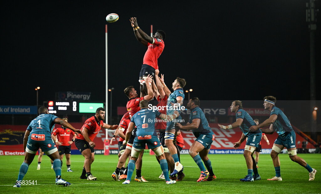 3 October 2026; Seán Edogbo of Munster takes the ball in a lineout during the United Rugby Championship match between Munster and Vodacom Bulls at Thomond Park in Limerick. Photo by Brendan Moran/Sportsfile