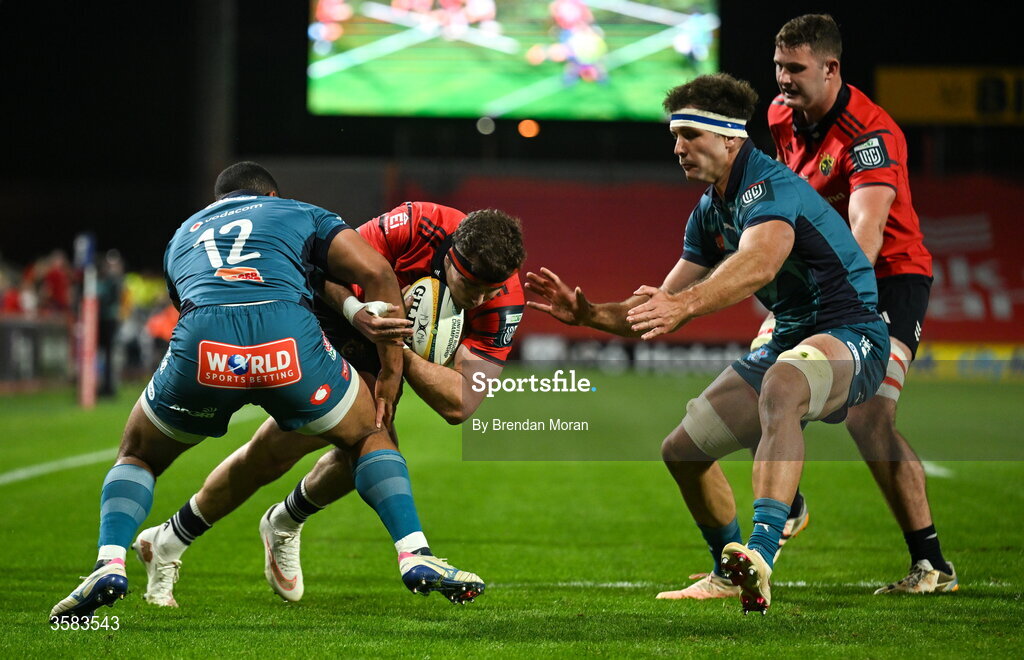 3 October 2026; Shane Daly of Munster is tackled by Stravino Jacobs of Vodacome Bulls during the United Rugby Championship match between Munster and Vodacom Bulls at Thomond Park in Limerick. Photo by Brendan Moran/Sportsfile