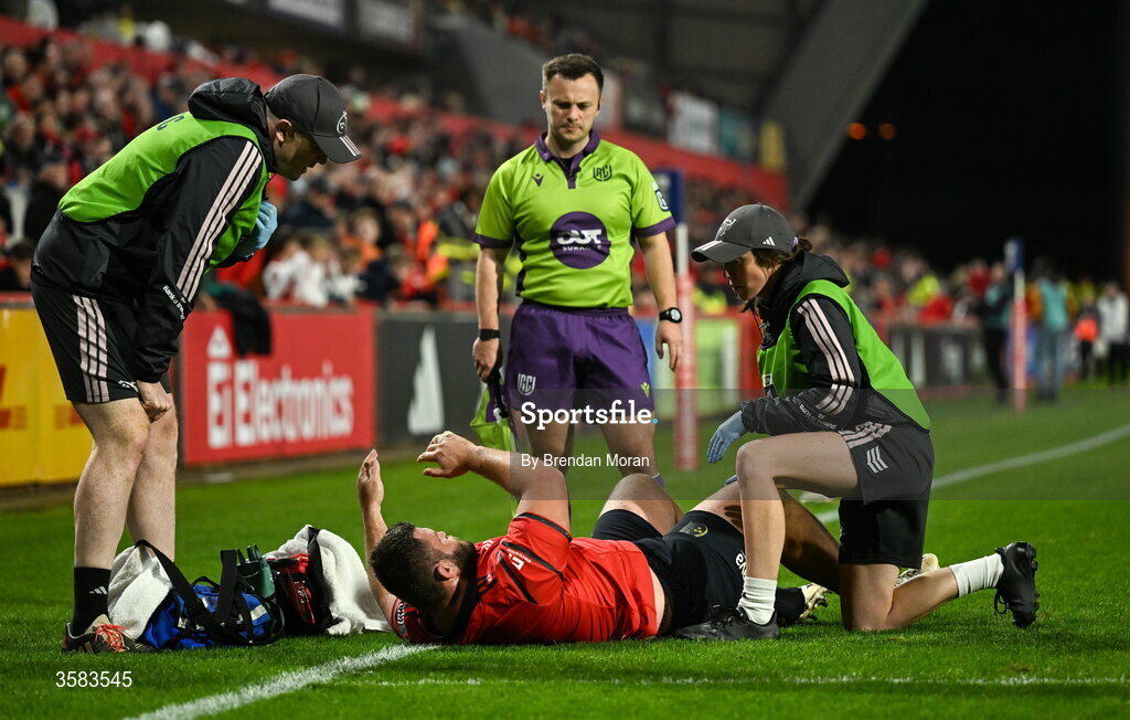 3 October 2026; Michael Milne of Munster receives medical treatment during the United Rugby Championship match between Munster and Vodacom Bulls at Thomond Park in Limerick. Photo by Brendan Moran/Sportsfile