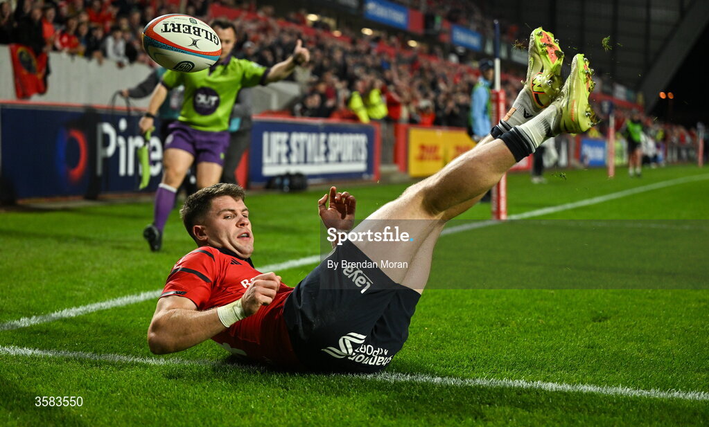 3 October 2026; Diarmuid Kilgallen of Munster after scoring his side's first try during the United Rugby Championship match between Munster and Vodacom Bulls at Thomond Park in Limerick. Photo by Brendan Moran/Sportsfile
