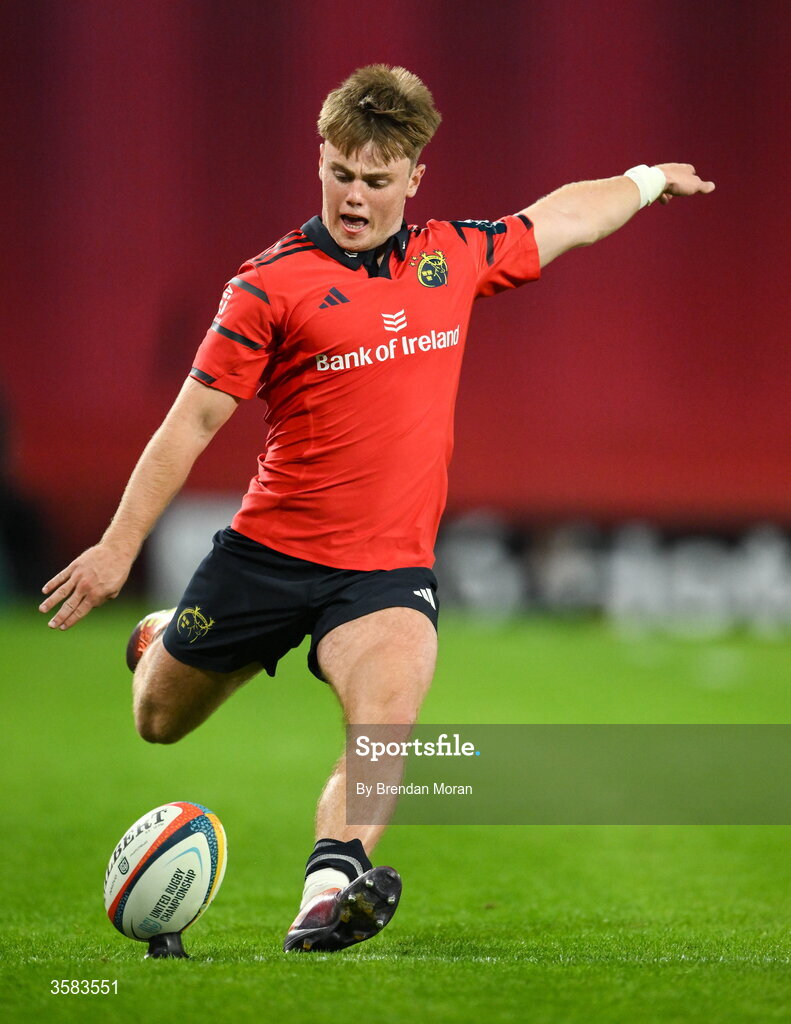 3 October 2026; Charlie O’Shea of Munster kicks a conversion during the United Rugby Championship match between Munster and Vodacom Bulls at Thomond Park in Limerick. Photo by Brendan Moran/Sportsfile