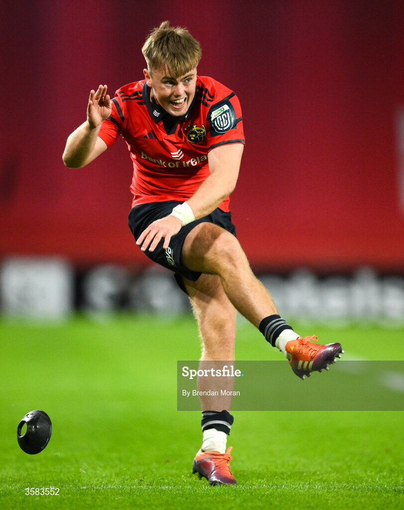 3 October 2026; Charlie O’Shea of Munster kicks a conversion during the United Rugby Championship match between Munster and Vodacom Bulls at Thomond Park in Limerick. Photo by Brendan Moran/Sportsfile