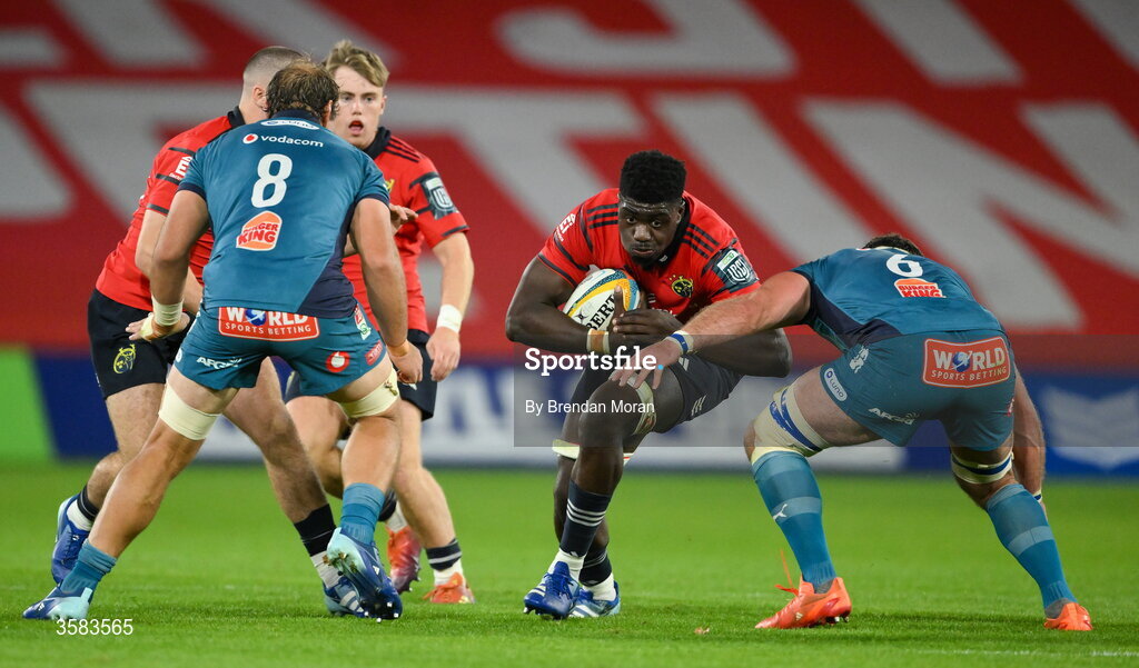 3 October 2026; Seán Edogbo of Munster in action against Jeandre Rudolph and Marcell Coetzee of Vodacome Bulls during the United Rugby Championship match between Munster and Vodacom Bulls at Thomond Park in Limerick. Photo by Brendan Moran/Sportsfile