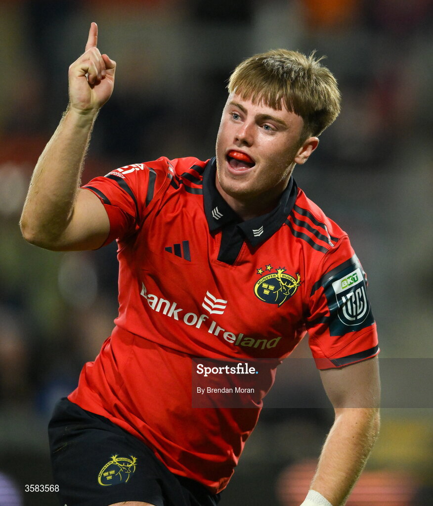 3 October 2026; Charlie O’Shea of Munster celebrates after scoring his side's second try during the United Rugby Championship match between Munster and Vodacom Bulls at Thomond Park in Limerick. Photo by Brendan Moran/Sportsfile