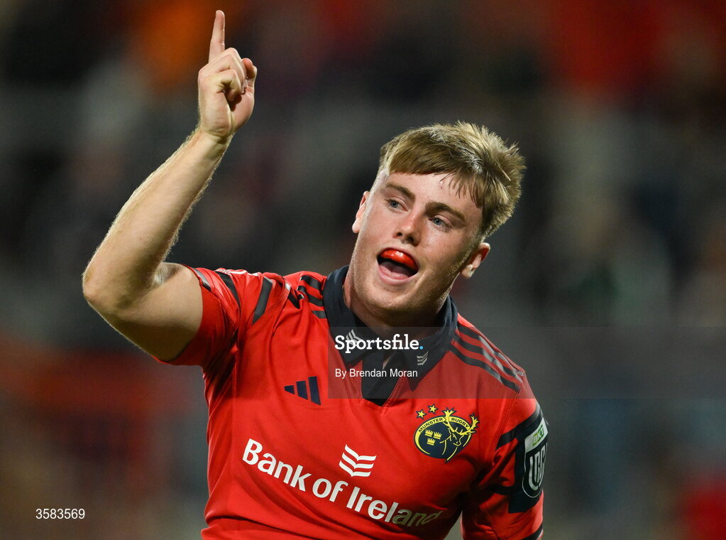 3 October 2026; Charlie O’Shea of Munster celebrates after scoring his side's second try during the United Rugby Championship match between Munster and Vodacom Bulls at Thomond Park in Limerick. Photo by Brendan Moran/Sportsfile