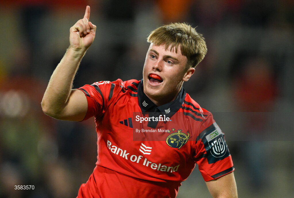 3 October 2026; Charlie O’Shea of Munster celebrates after scoring his side's second try during the United Rugby Championship match between Munster and Vodacom Bulls at Thomond Park in Limerick. Photo by Brendan Moran/Sportsfile