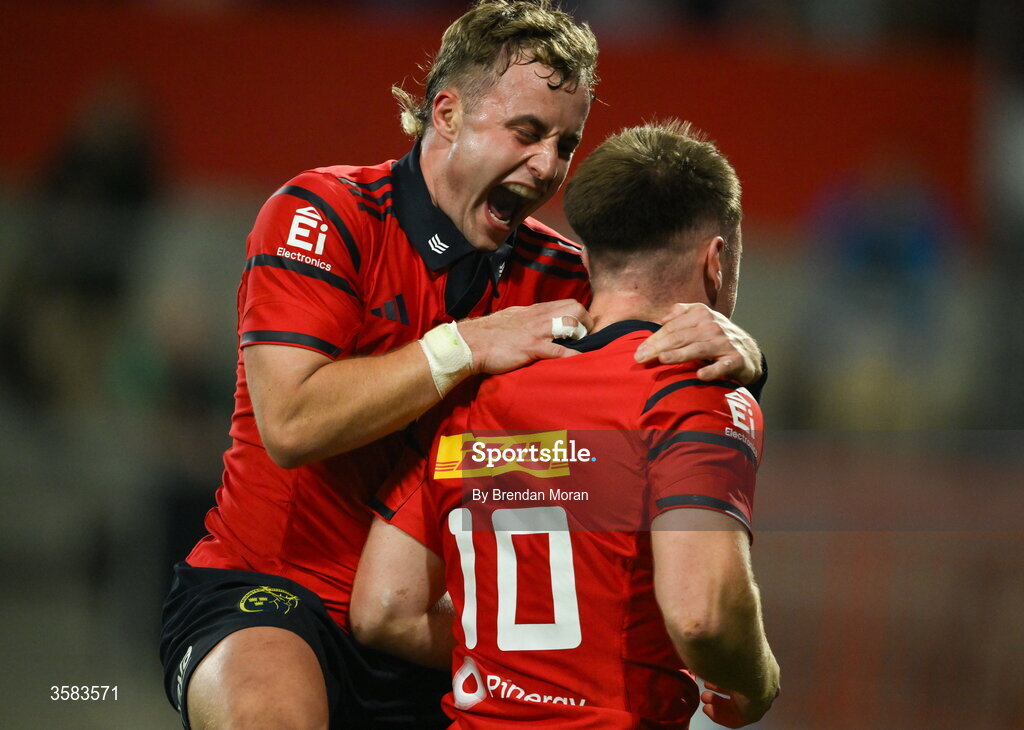 3 October 2026; Craig Casey of Munster, left, congratulates teammate Charlie O’Shea, after O'Shea scored their side's second try during the United Rugby Championship match between Munster and Vodacom Bulls at Thomond Park in Limerick. Photo by Brendan Moran/Sportsfile