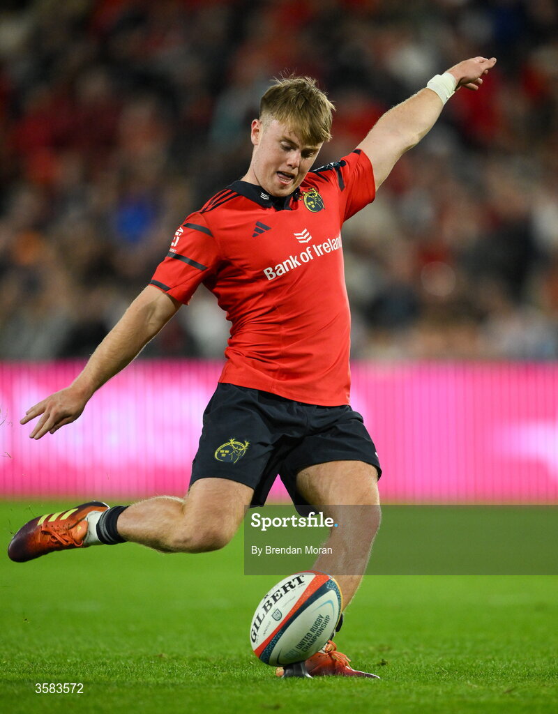 3 October 2026; Charlie O’Shea of Munster kicks a conversion during the United Rugby Championship match between Munster and Vodacom Bulls at Thomond Park in Limerick. Photo by Brendan Moran/Sportsfile