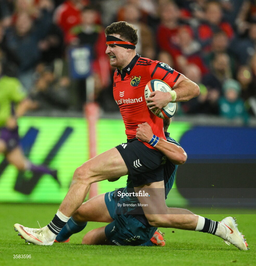 3 October 2026; Shane Daly of Munster is tackled by Sebastian de Klerk of Vodacome Bulls during the United Rugby Championship match between Munster and Vodacom Bulls at Thomond Park in Limerick. Photo by Brendan Moran/Sportsfile