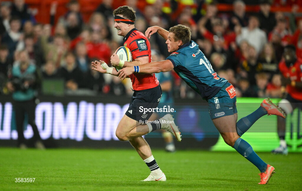 3 October 2026; Shane Daly of Munster is tackled by Sebastian de Klerk of Vodacome Bulls during the United Rugby Championship match between Munster and Vodacom Bulls at Thomond Park in Limerick. Photo by Brendan Moran/Sportsfile