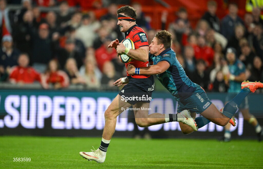 3 October 2026; Shane Daly of Munster is tackled by Sebastian de Klerk of Vodacome Bulls during the United Rugby Championship match between Munster and Vodacom Bulls at Thomond Park in Limerick. Photo by Brendan Moran/Sportsfile