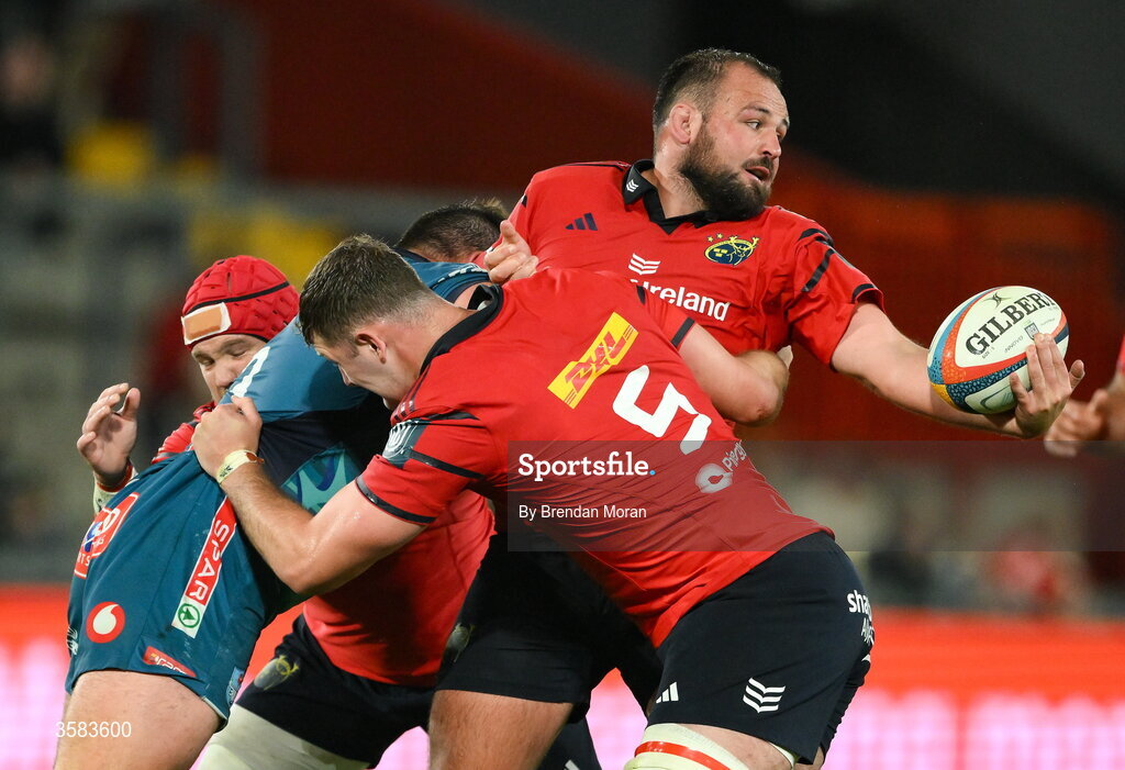 3 October 2026; Jack Aungier of Munster attemps to offload as he is tackled during the United Rugby Championship match between Munster and Vodacom Bulls at Thomond Park in Limerick. Photo by Brendan Moran/Sportsfile