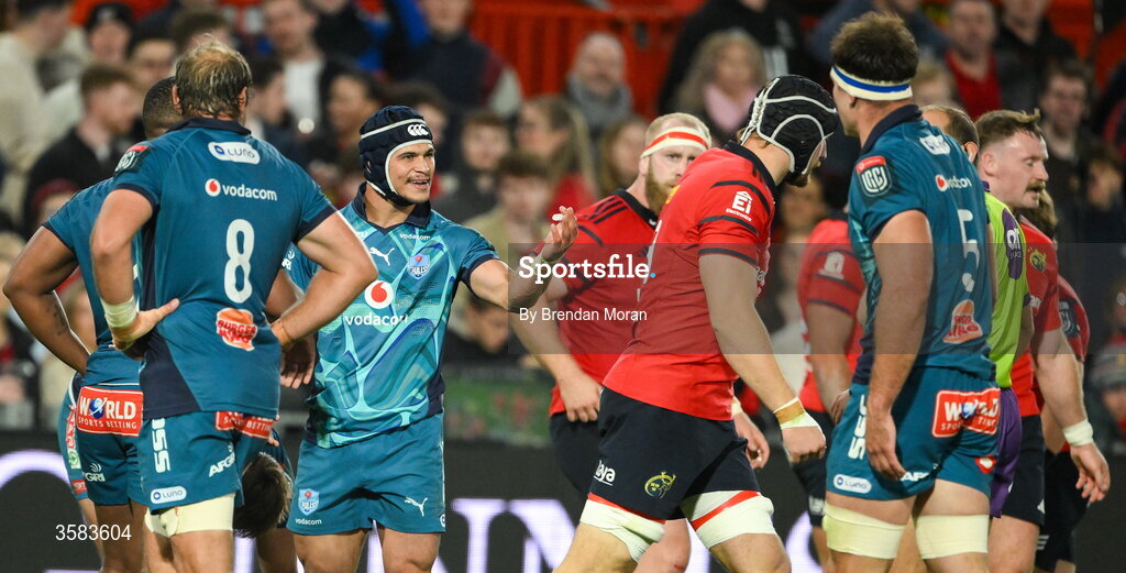 3 October 2026; Thaakir Abrahams of Vodacome Bulls reacts to Gavin Coombes of Munster during the United Rugby Championship match between Munster and Vodacom Bulls at Thomond Park in Limerick. Photo by Brendan Moran/Sportsfile