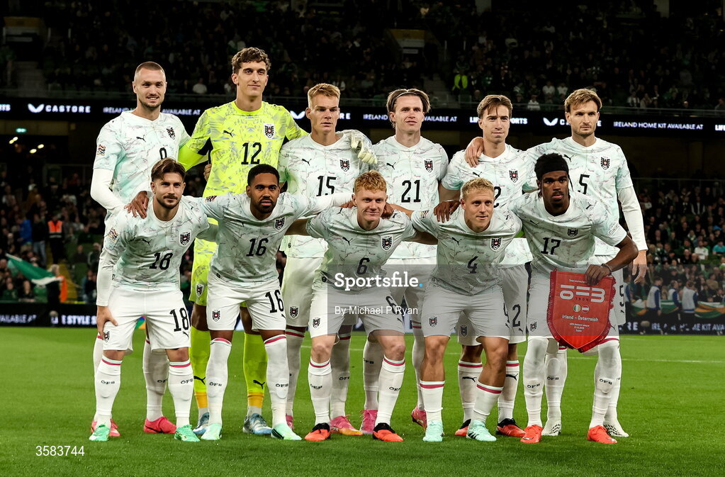 1 October 2026; The Austria team before the UEFA Nations League B match between the Republic of Ireland and Austria at the Aviva Stadium in Dublin. Photo by Michael P Ryan/Sportsfile