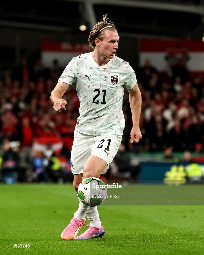 1 October 2026; Patrick Wimmer of Austria during the UEFA Nations League B match between the Republic of Ireland and Austria at the Aviva Stadium in Dublin. Photo by Michael P Ryan/Sportsfile
