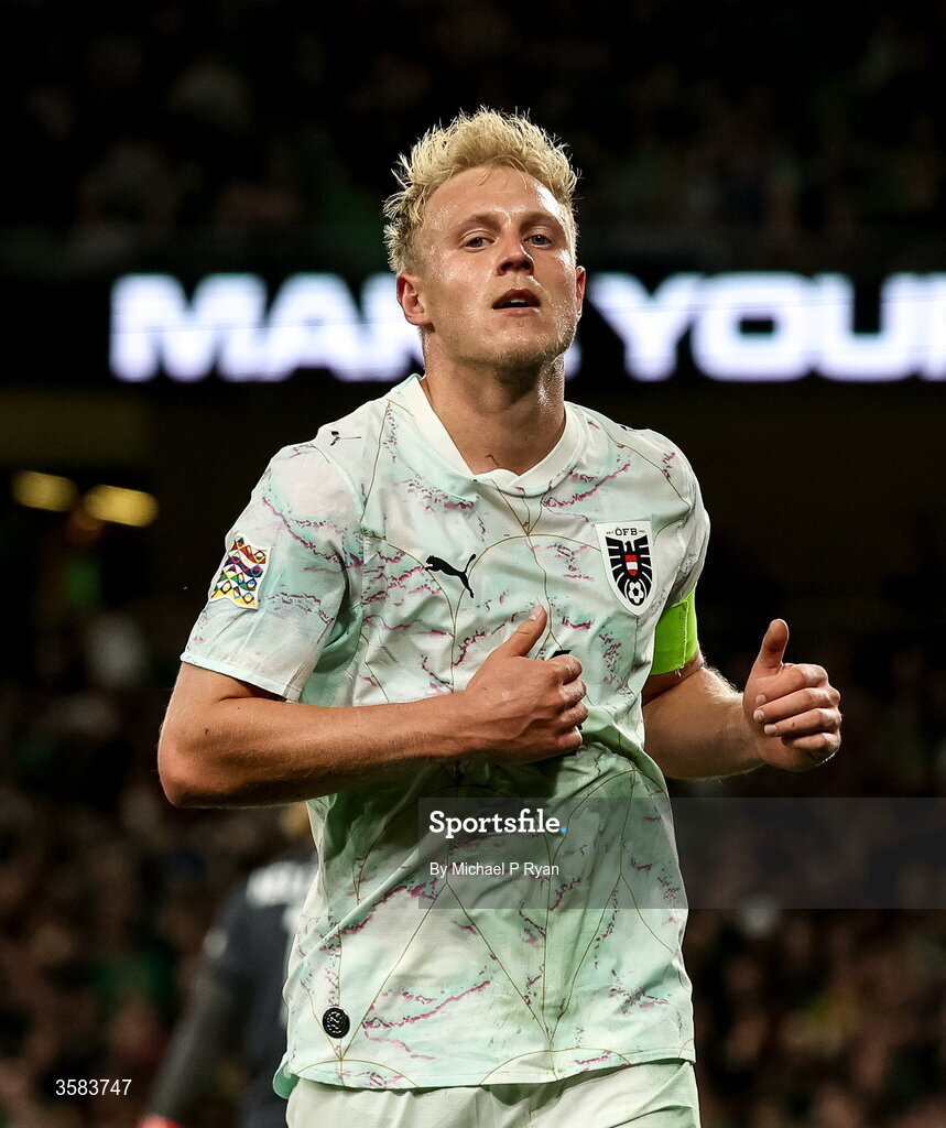 1 October 2026; Xaver Schlager of Austria during the UEFA Nations League B match between the Republic of Ireland and Austria at the Aviva Stadium in Dublin. Photo by Michael P Ryan/Sportsfile
