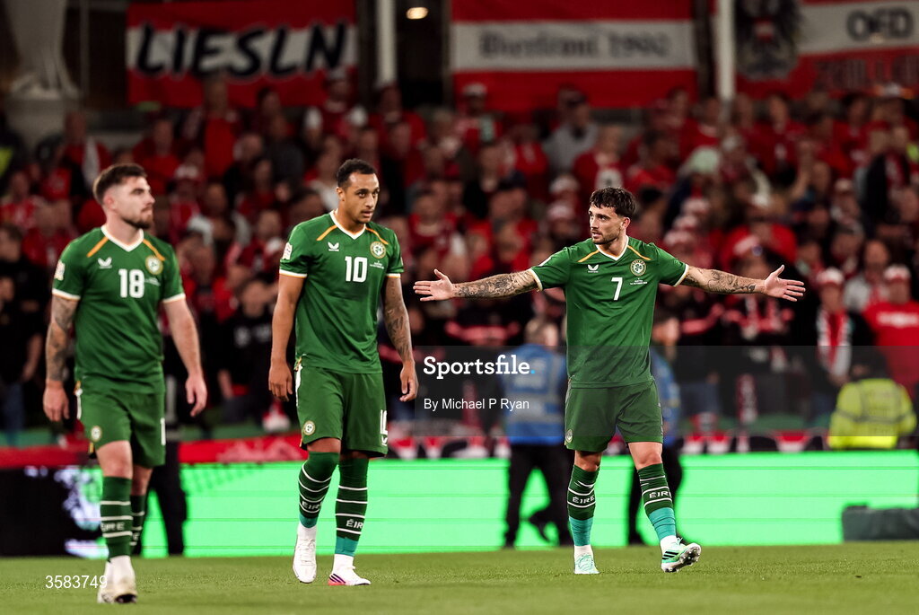 1 October 2026; Troy Parrott of Republic of Ireland, right, celebrates after scoring his side's first goal during the UEFA Nations League B match between the Republic of Ireland and Austria at the Aviva Stadium in Dublin. Photo by Michael P Ryan/Sportsfile
