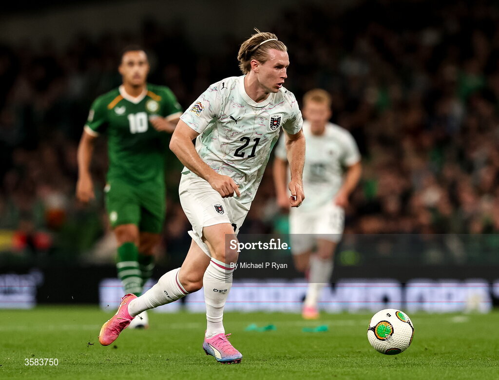 1 October 2026; Patrick Wimmer of Austria during the UEFA Nations League B match between the Republic of Ireland and Austria at the Aviva Stadium in Dublin. Photo by Michael P Ryan/Sportsfile
