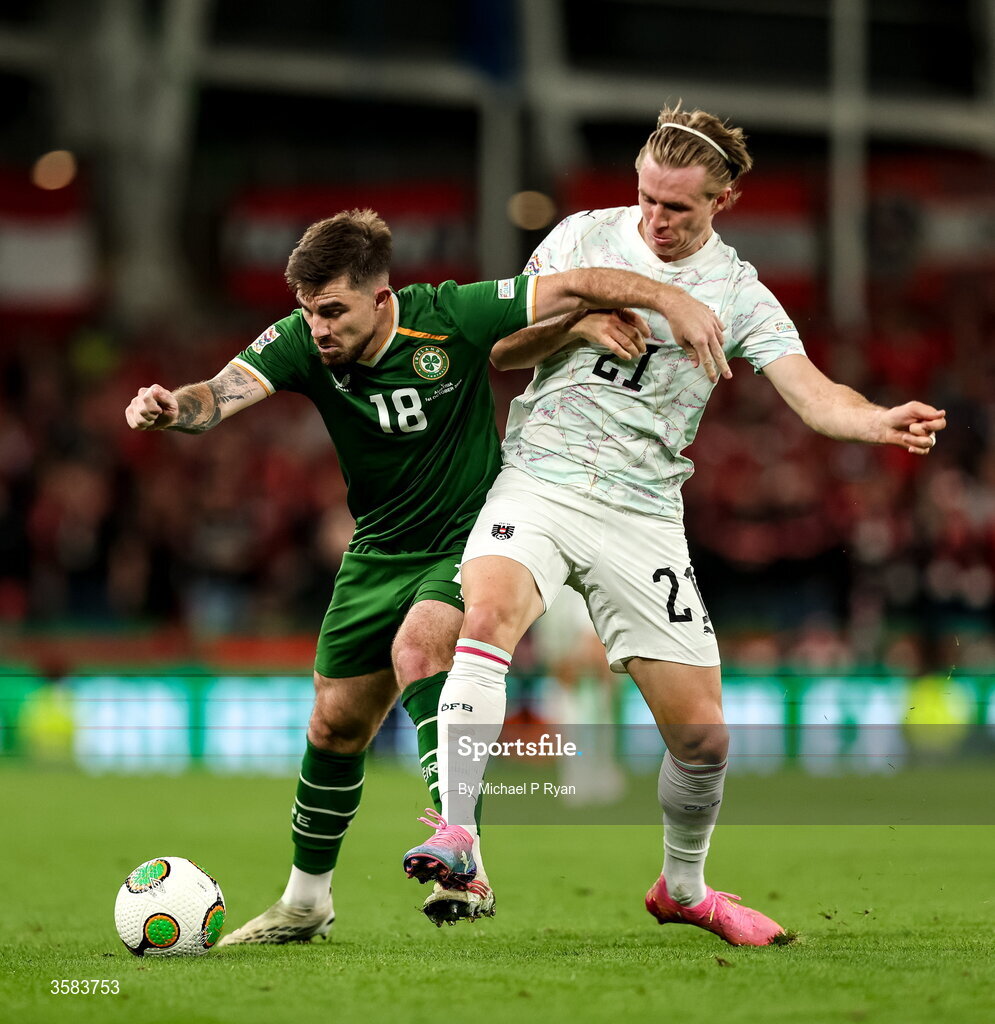 1 October 2026; Ryan Manning of Republic of Ireland in action against Patrick Wimmer of Austria during the UEFA Nations League B match between the Republic of Ireland and Austria at the Aviva Stadium in Dublin. Photo by Michael P Ryan/Sportsfile