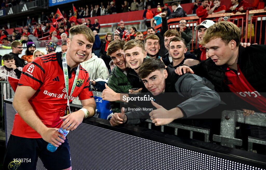 3 October 2026; Charlie O’Shea of Munster celebrates with friends after the United Rugby Championship match between Munster and Vodacom Bulls at Thomond Park in Limerick. Photo by Brendan Moran/Sportsfile